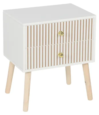 Produktbild von Relaxdays Nachttisch, 2 Schubladen, geriffelte Front, HBT: 47x40x30 cm, Nachtschrank Schlafzimmer, Holzoptik, weiß-natur
