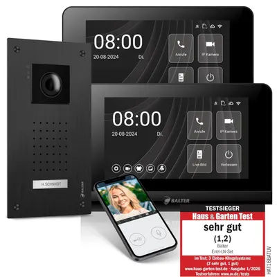Produktbild von Entri L Video Türsprechanlage, Video Türklingel, 1 Familienhaus 2x 7-Zoll HD Monitor, 2-Draht, Unterputz, Smartphone App, Full HD Kamera, schwarz