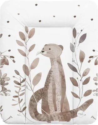 A watercolor illustration of an otter sitting amongst foliage on a white background.