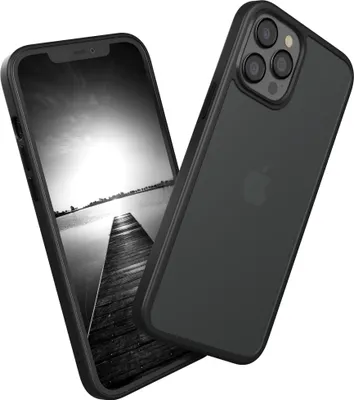 A black iPhone 12 Pro Max case is shown from two angles, with the front screen displaying a black and white image of a pier leading into water.