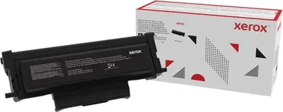 A black Xerox toner cartridge is shown next to its packaging box.
