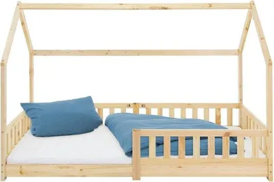 Produktbild von ML-Design Kinderbett 90x200 cm mit Rausfallschutz, Dach und Lattenrost, Natur, Hausbett aus massivem Kiefernholz, Bodenbett, Holzbett