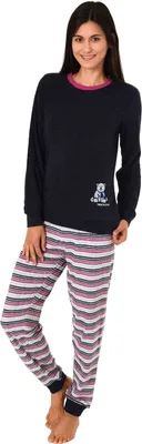 Produktbild von Damen Frottee Pyjama Schlafanzug langarm mit Bündchen und süsser Bär-Applikation 20113777 ; navy , 40/42