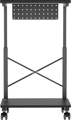 A black adjustable height mobile stand with wheels, shown against a white background.