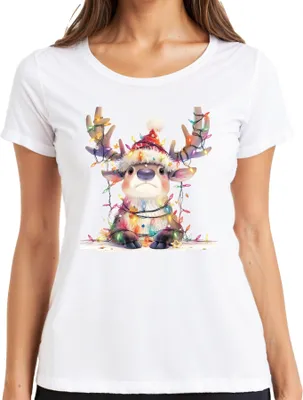 Produktbild von Süßes Rentier Lichterkette Weihnachten Geschenk Kinder Cartoon Damen T-Shirt, Weiß, S