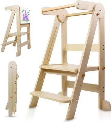 Image de Tour d'apprentissage en bois à structure pliable avec tableaux blancs magnétiques - 3 hauteurs réglables - Convient aux enfants de 1 à 6 ans