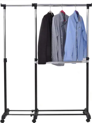 Produktbild von GOPLUS Ausziehbarer Kleiderständer, Teleskopgarderobe Metall auf Rollen Höhenverstellbar, Garderobenständer Belastbar mit Ablage für Schuhe, Kleiderstange Kleidung Aufhänger, Schwarz und Silbrig