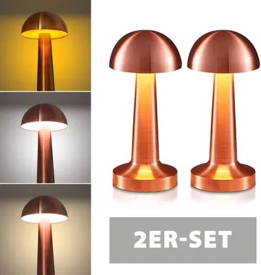 Produktbild von Kabellose LED-Tischlampen Mushroom 2er-Set, hochwertiges kupfernes Metall, Touch-Bedienung, 3 dimmbare Lichtfarben, Akku inkl. USB-C-Ladekabel Eaxus