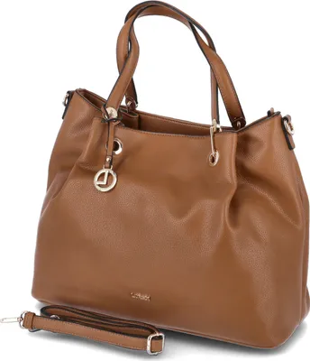 A brown leather handbag with a detachable strap is shown against a white background.