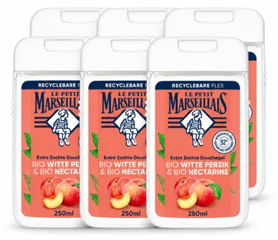 Imagen del producto de 6 unidades de gel de ducha Le Petit Marseillais, fórmula orgánica con melocotón y nectarina, 250 ml. Paquete económico