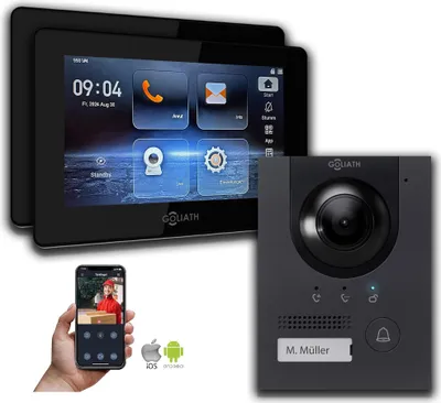 Produktbild von Goliath IP Hybrid Video Gegensprechanlage mit Kamera 2x 7-Zoll Schwarz : 2 Monitore : 7 Zoll Schwarz : Unterputzdose Monitor Anzahl: 2 Monitore Monitor Farbe: 7 Zoll Schwarz Montage: Unterputzdose