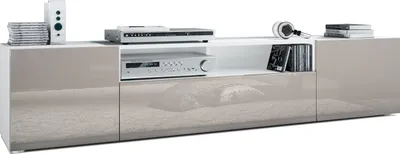 Produktbild von Vladon Lowboard Mogan, TV-Kommode mit 2 Türen, 1 Klappe und 1 offenes Fach, Weiß matt/Sandgrau Hochglanz (181 x 39 x 35 cm)