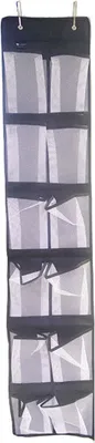 A hanging shoe organizer with multiple transparent pockets.