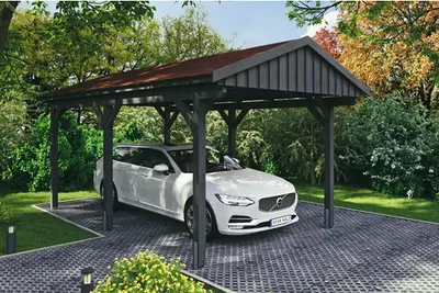 Produktbild von Einzelcarport SKAN HOLZ Fichtelberg inkl. Pfostenanker, rote Dachschindeln 317 x 566 cm anthrazit