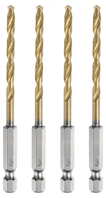 Spiralbohrer-Set 4 mm, 4 Stück, titanbeschichtet, HSS, Sechskantschaft