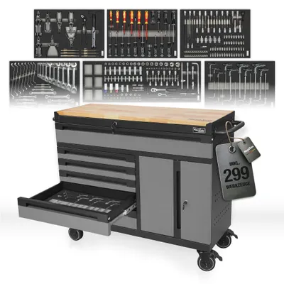 Produktbild von Mephisto Werkstattwagen „TWIN Advanced“ Industrial Line mit 6 Schubladen und 299-teiligem Werkzeugsatz mit Holzabdeckung