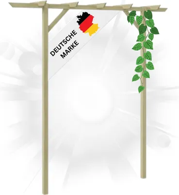 A wooden pergola with a banner showing the German flag and text, and a vine with green leaves.