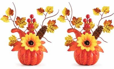 Productafbeelding van Kunstmatige pompoen decoratie met zonnebloem - 2 stuks - Herfstdecoratie voor op tafel