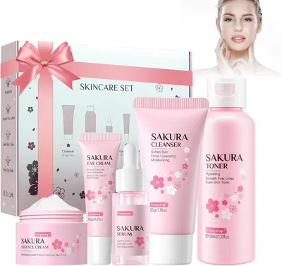 Produktbild von Hautpflegeset 5-teilig, Kirschblütenextrakt, sanfte Reinigung, für Frauen, Teenager