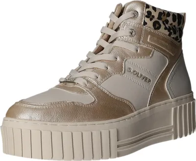 A high-top sneaker with a platform sole.
