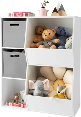 Produktbild von DREAMADE Spielzeug-Aufbewahrungsorganisator, Kinderbücherregal mit 5 Fächern & 2 herausnehmbaren Stoffschubladen, Kinder offenes Spielzeugschrank Weiß
