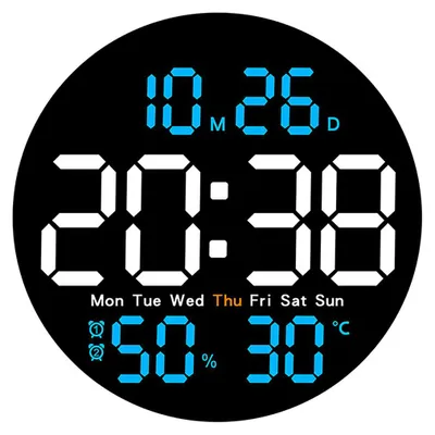 A digital clock face displaying time, date, day of the week, humidity, and temperature.