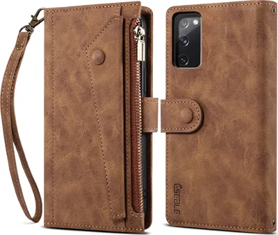 Image de Etui de protection pour Samsung Galaxy S20 FE / S20 FE 5G / S20 FE 2022, étui en cuir avec fermeture éclair, portefeuille pliable avec fente pour cartes, support et boucle Marron