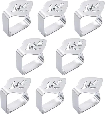 Produktbild von 8 Stück Tischdeckenklammern aus hochwertigem, rostfreiem Edelstahl mit blattförmigem Design, verdickter Struktur und verstellbarer Spannkraft. Jede Klammer misst ca. 4,5 × 1,5 × 4,6 cm und fasst bis zu 2,5 cm dicke Tischdecken sicher. Ideal für Party, Hochzeit, Picknick, Outdoor- und Indoor-Einsatz – elegant, funktional und langlebig. Die glänzende Oberfläche und der praktische Haken am Ende sorgen für sicheren Halt und einfache Handhabung.