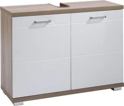 Produktbild von byLIVING Waschbeckenunterschrank Nebraska, Breite 80 cm, Badezimmerschrank mit Metallgriffen, Front in Hochglanz weiß, WBU in Eichen-Optik mit Syphonausschnitt