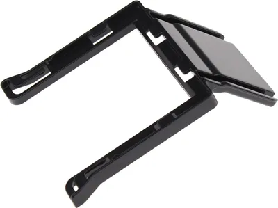 A black plastic product holder shown against a white background.