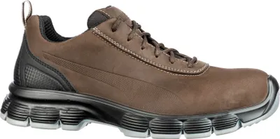 A side view of a brown Puma safety shoe.