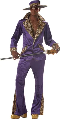 A man wearing a purple pimp costume with leopard print accents, holding a cane.