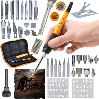 Image de Rosfix Kit de Fer à Souder de Précision avec Fer à Souder Orange Pitbull OP60W + 30 Éléments de Pyrogravure + Étui de Rangement (265 x 140 x 50 mm)