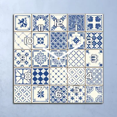 Produktbild von Deko Glasuhr Wanduhr 30x30 Azulejos blau-weiß Quarz Küchenuhr Bürouhr