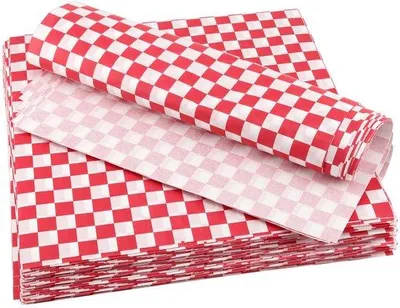 Obrázok produktu pre Ľahký, potravinársky papier na sendviče – 300 kusov – 25,5 x 25,5 cm – biela a červená farba