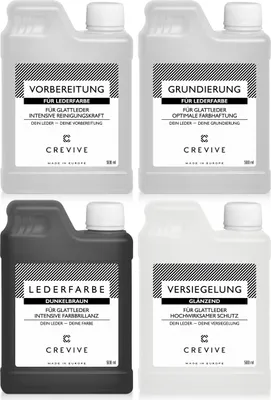 Produktbild von CREVIVE Lederfarbe Set Dunkelbraun Glänzend - für die optimale Lederfärbung - Lederreiniger, Grundierung, Lederfarbe, Versiegelung, je 500 ml