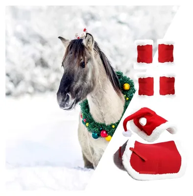 Produktbild von Weihnachts-Pferdekostüm – weiches Winter-Outfit mit Schabracke und Beinwickeln, Weihnachtsmütze-Zubehör, festliche Feiertagskleidung, bequeme Passform
