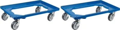 Produktbild von SparSet 2x Transportroller für Euroboxen 60x40cm mit Gummiräder blau | Offenes Deck | 2 Lenkrollen & 2 Bockrollen | Traglast 300kg | Kistenroller Logistikroller Rollwagen Profi-Fahrgestell