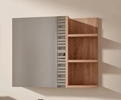 Produktbild von Eiche Sonoma Badezimmerschrank mit Spiegel und Ablagen B:60 x H:50 cm Spiegelschrank 1 Tür Bad Hängeschrank Griffloser Öffnung Ablagen Rechts