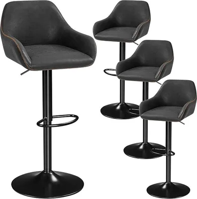 Produktbild von Barhocker 4er Set, Drehstuhl mit Lehne, Höhenverstellbarer Arbeitshocker, 360° Schwenkbarer Bistrohocker, Barstuhl mit Fußstütze, Tresenhocker, schwarz