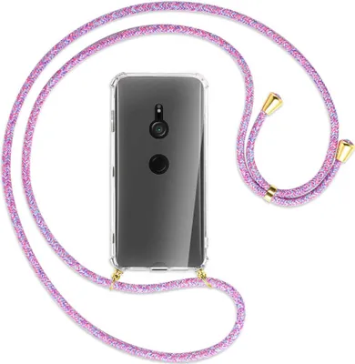 Produktbild von Handykette Backcover-Schutzhülle mit Band (Metall goldfarben) für Sony Xperia XZ3 - lila/rosa/blau