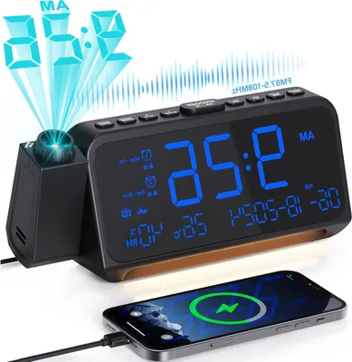 Zdjęcie produktu dla Radiobudzik - Projektor zegara - Wyświetlanie czasu - Podwójne alarmy - 20x6x8,7 cm - Niebieski