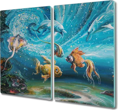 Produktbild von Coloray Schneidebrett Herdabdeckplatte 2x30x52 cm Kochplattenabdeckung Küchenbrett Hackbrett - Malerei Tiere Fische