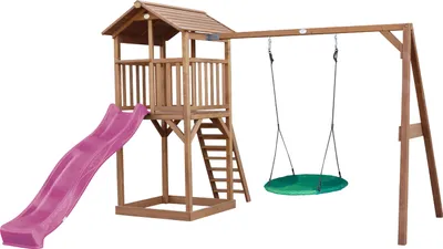 Produktbild von AXI Beach Tower Spielturm aus Holz in Braun | Spielhaus für Kinder mit lila Rutsche, Nestschaukel und Sandkasten | Stelzenhaus für den Garten