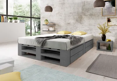 Produktbild von Lermowood Palettenbett M2 140 x 200 cm mit Lattenrost und 2 BettkästenGrau Holzbett Massivholzbett Bett aus Paletten Seniorenbett Kinderbett Jugendbett