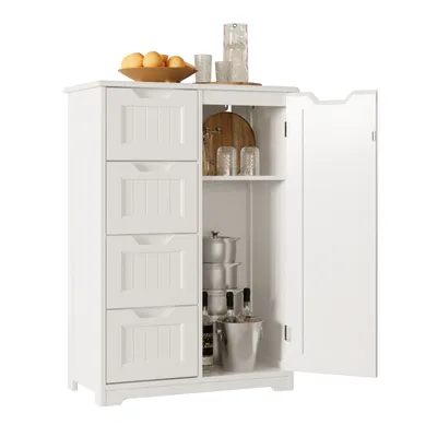 A white cabinet with four drawers on the left and an open door on the right, revealing shelves with cookware and bottles.