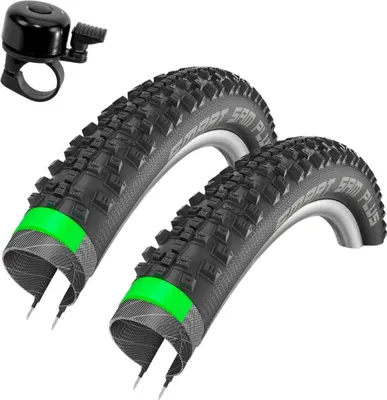 Produktbild von 2 x Schwalbe Smart Sam PLUS Fahrradreifen Addix Performance DD GreenG E-25 SnakeSkin Fahrrad Decke Mantel 54-559 ( 26 x 2,10") inkl. Fahrradklingel