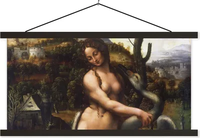 Produktbild von MuchoWow® Textilposter Leda und der Schwan - Leonardo da Vinci 90x45 cm mit schwarzem Rahmen - Klemmleisten
