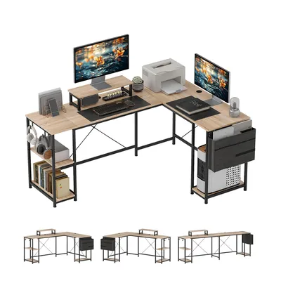 Produktbild von Bürotisch, Computertisch, Gaming-Tisch, Schreibtisch, L-förmiger Computertisch, multifunktional, mit verstellbaren Ablagen und Aufbewahrungstaschen