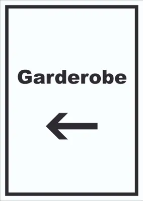 Produktbild von Garderobe Schild mit Text Richtungspfeil links Kleidung aufbewahren hochkant A6 (105x148mm)